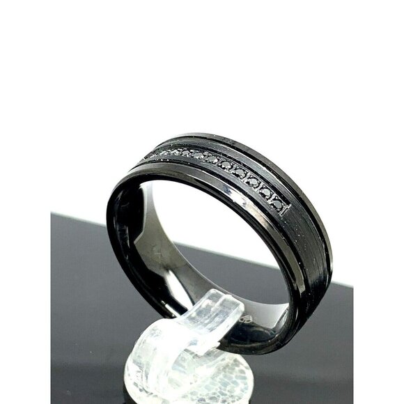 Men's Wedding Band Tungsten Black Gemstones 8mm Wide Ring Size 8.5 - Picture 2 of 15